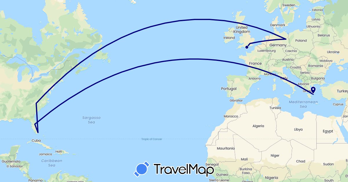 TravelMap itinerary: driving in Germany, United Kingdom, Greece, United States (Europe, North America)